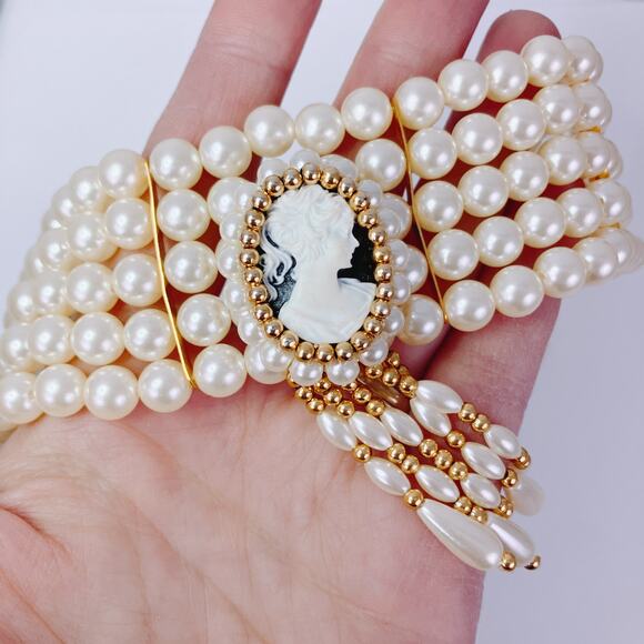Victorian Revival Faux Pearl Cameo Statement Choker Multi Strand Necklace VTG - Picture 6 of 11